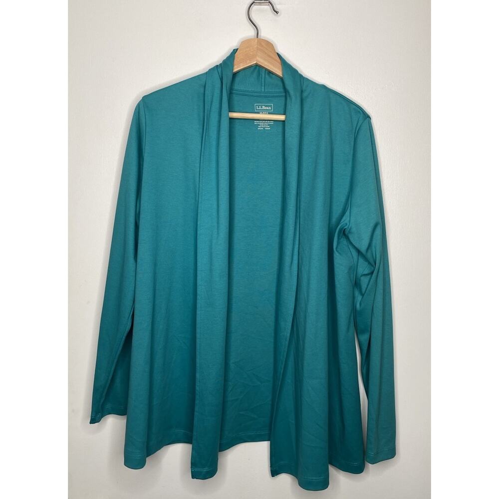 LL Bean Womens M Reg Jersey Knit Open Cardigan Turquoise Blue 100% Supima Cotton